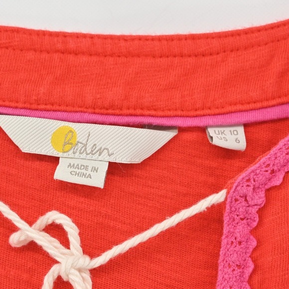 Boden Kasia Jersey Tunic Dress Womens 6 Red Pom Pom Trim Tassel Tie Relaxed Boho - Picture 7 of 13